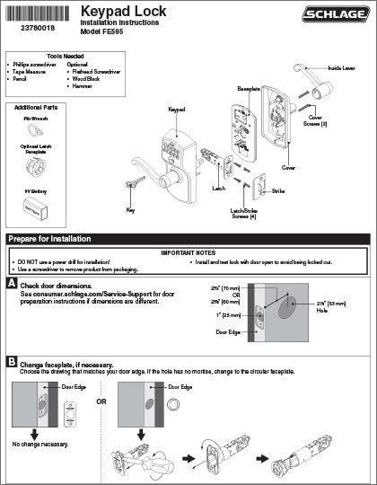 FE595 Keypad Lock Installation Instructions