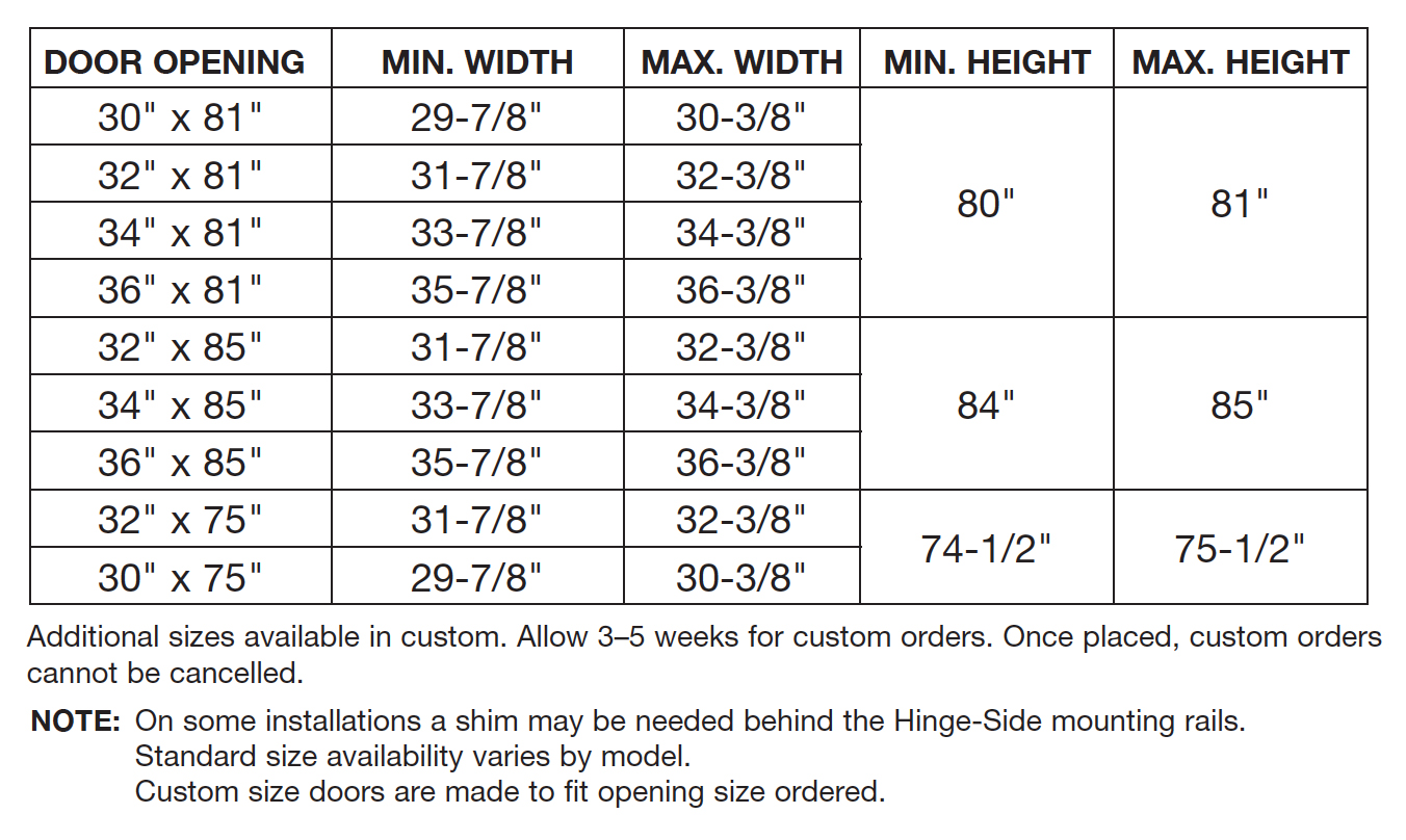 Larson Storm Door Size Chart