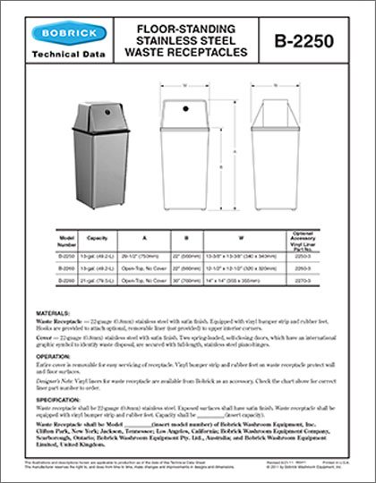 B-2250, B-2260, B-2280 Floor Standing Receptacles